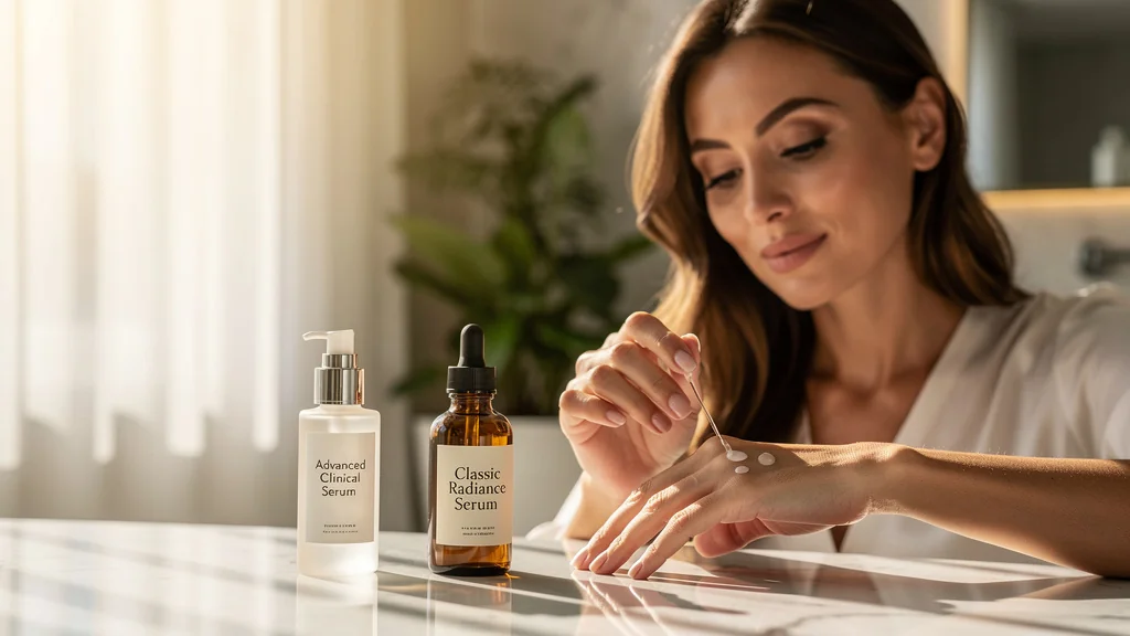 Femme testant un sérum issu de la recherche à côté de son sérum habituel sur une coiffeuse lumineuse