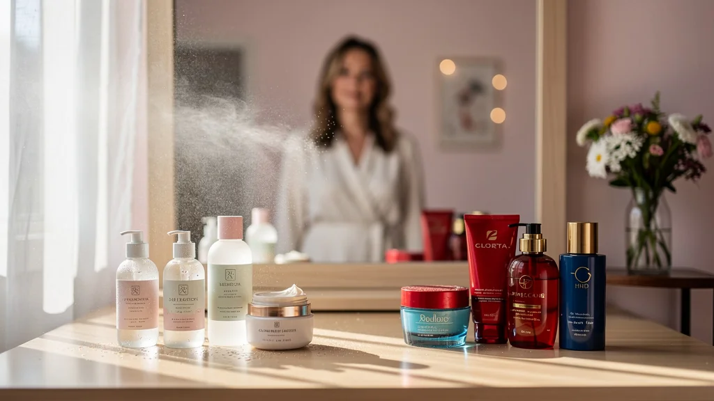 Comparaison produits soins peau petite marque et grand groupe sur une table de beauté lumineuse
