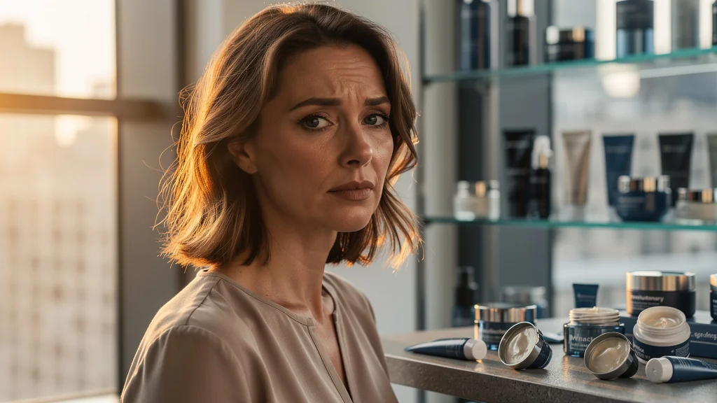 Portrait hyper-réaliste d'une rédactrice beauté sceptique face aux soins estampillés révolutionnaires
