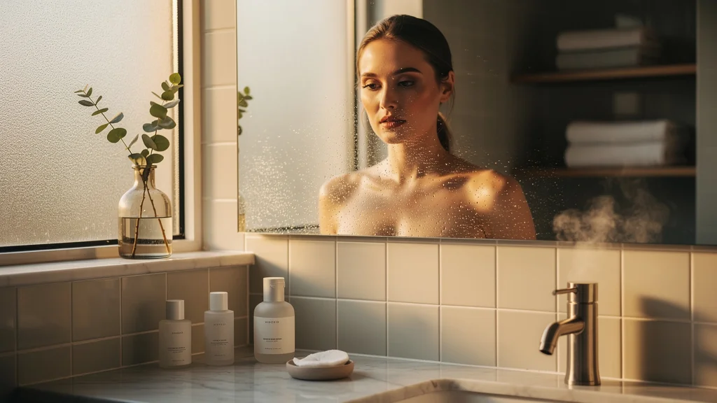 Femme de 38 ans méditant en salle de bain sur l'arrêt du double nettoyage, lumière naturelle douce