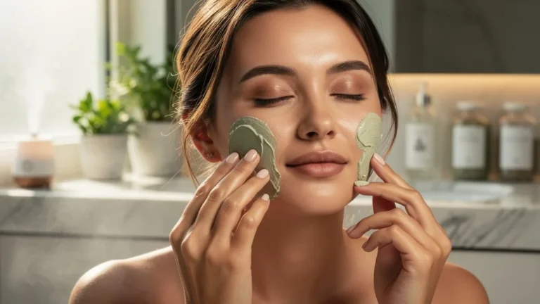 Femme appliquant un masque à l’argile régulant les brillances sans dessécher ses joues