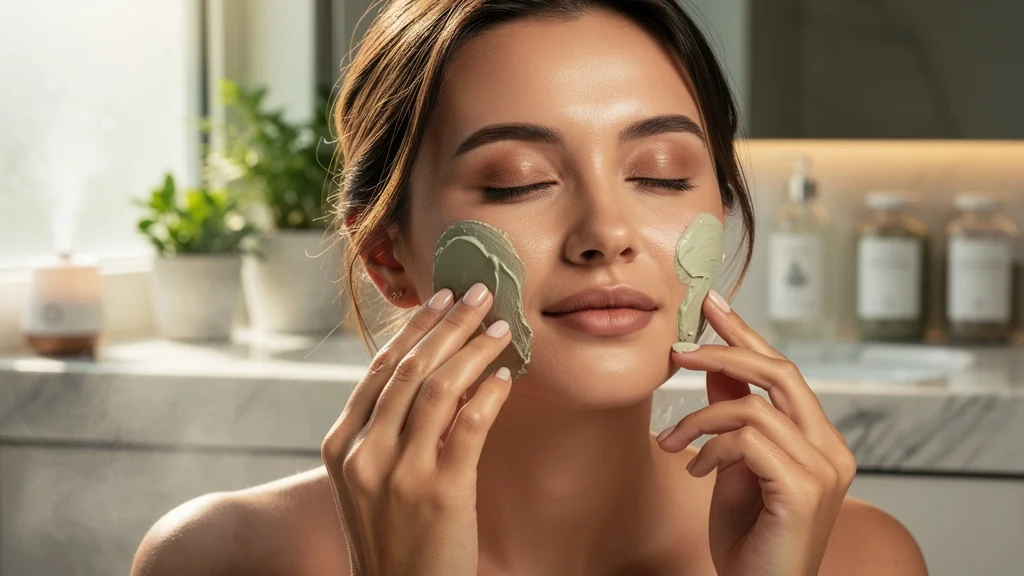 Femme appliquant un masque à l’argile régulant les brillances sans dessécher ses joues