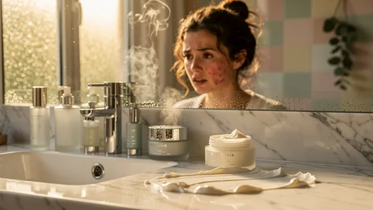 Femme 38 ans regrettant un soin trop riche pour l'été, peau avec boutons visibles en gros plan