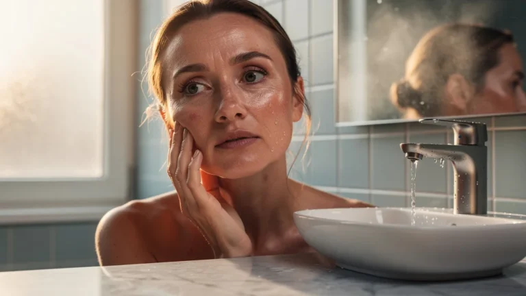 Femme découvrant que sa peau réagit à l'eau du robinet dans une salle de bain lumineuse et moderne