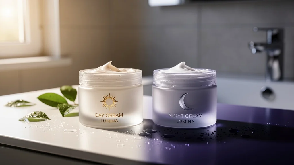 Crème de jour et de nuit en pots élégants sur une coiffeuse moderne, lumière naturelle et ambiance apaisante