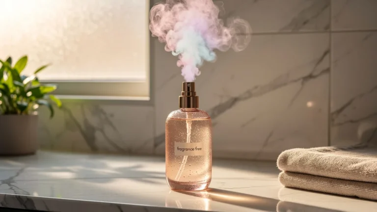 Flacon de soin sans parfum avec un léger voile de parfum caché, ambiance minimaliste et lumière naturelle