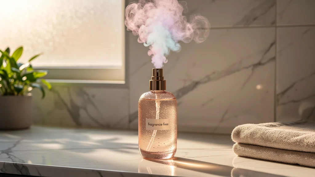 Flacon de soin sans parfum avec un léger voile de parfum caché, ambiance minimaliste et lumière naturelle