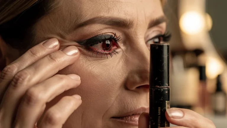 Femme de 38 ans avec œil irrité après avoir gardé un mascara ouvert un an, gros plan hyper-réaliste