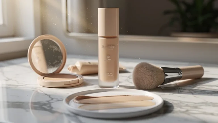 Flacon de crème solaire teintée et fond de teint sur un comptoir de maquillage, lumière naturelle douce