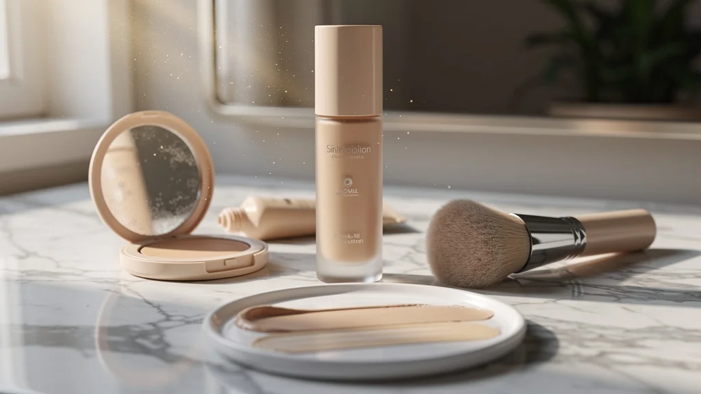 Flacon de crème solaire teintée et fond de teint sur un comptoir de maquillage, lumière naturelle douce