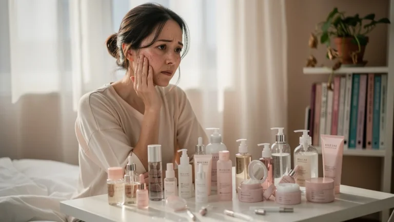 Femme fatiguée après une routine coréenne en dix étapes, peau stressée et irritée en gros plan