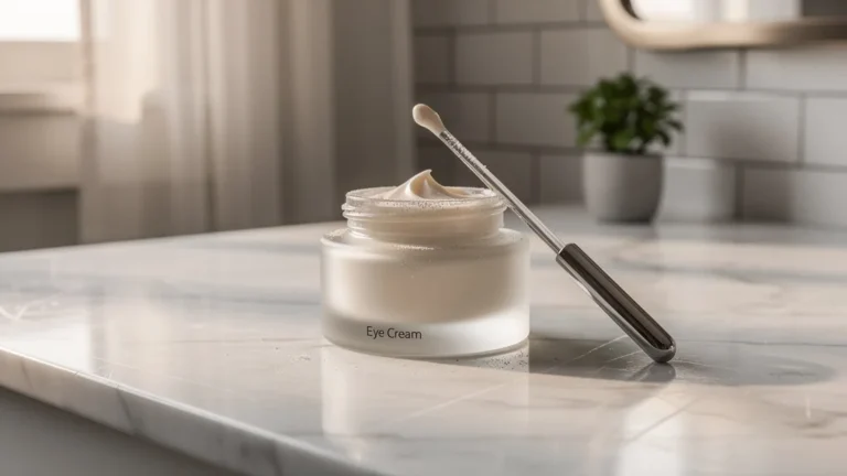 Pot d’un soin contour des yeux sur une table de toilette minimaliste en lumière naturelle