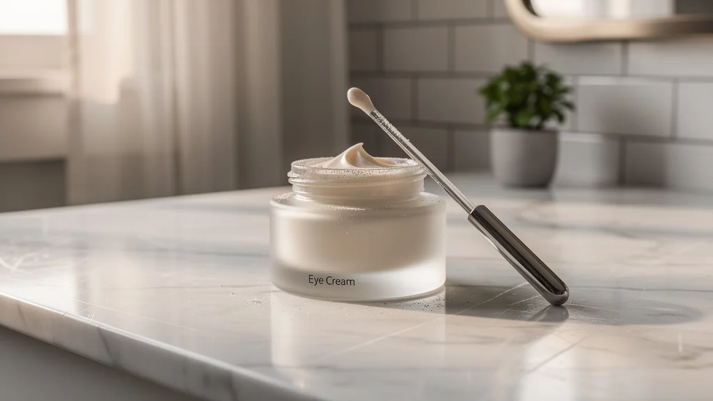 Pot d’un soin contour des yeux sur une table de toilette minimaliste en lumière naturelle