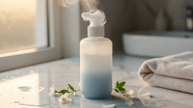 Flacon de nettoyant moussant élégant sur marbre humide illustrant sa réputation améliorée