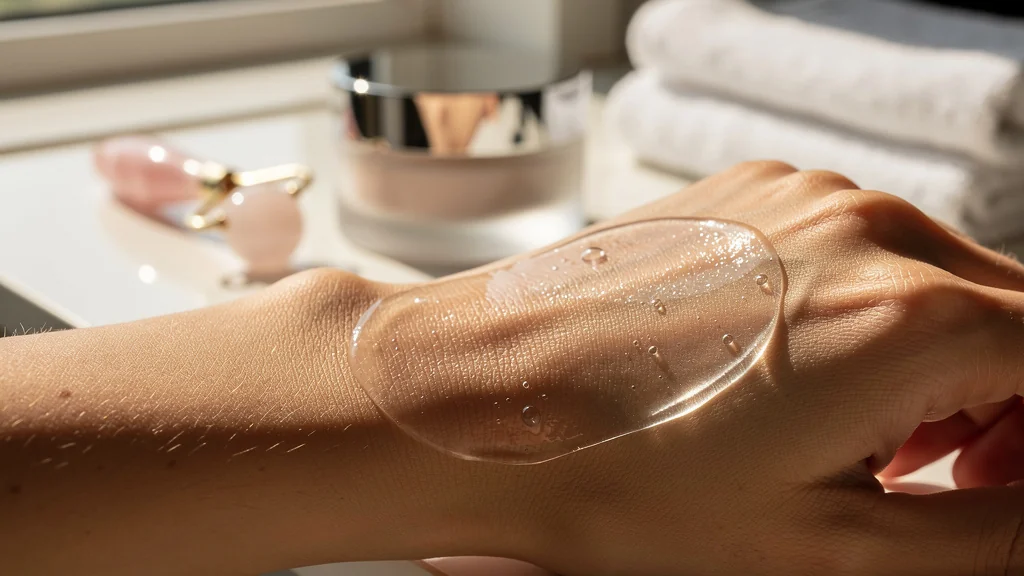 Patch hydrogel transparent posé sur peau lisse, effet hydratant visible mais qui s'évapore rapidement
