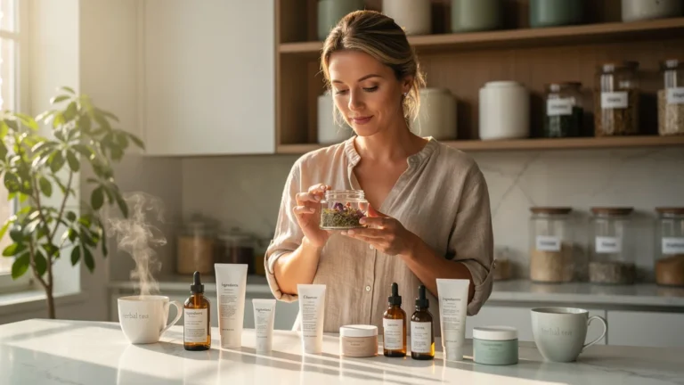 Femme de 38 ans lisant attentivement une étiquette cosmétique, routine beauté allégée, lumière naturelle
