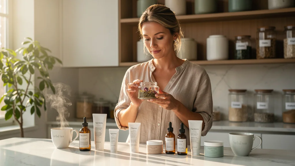 Femme de 38 ans lisant attentivement une étiquette cosmétique, routine beauté allégée, lumière naturelle