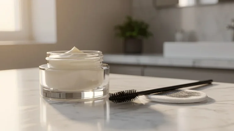 Baume nettoyant retirant mascara waterproof sans frottement sur un comptoir en marbre blanc