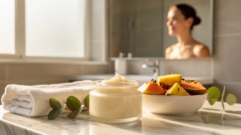 Exfoliant enzymatique naturel posé sur un lavabo moderne, sans rougeurs, pour peau douce et éclatante