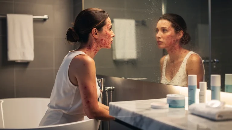 Femme avec plaques rouges au visage après avoir testé un masque à la mode, problème de peau visible