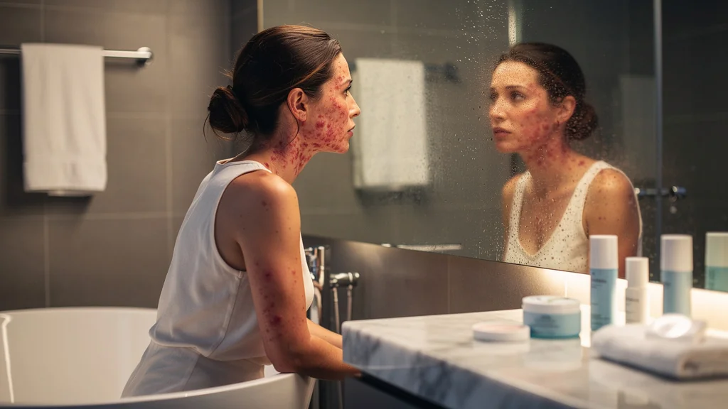 Femme avec plaques rouges au visage après avoir testé un masque à la mode, problème de peau visible