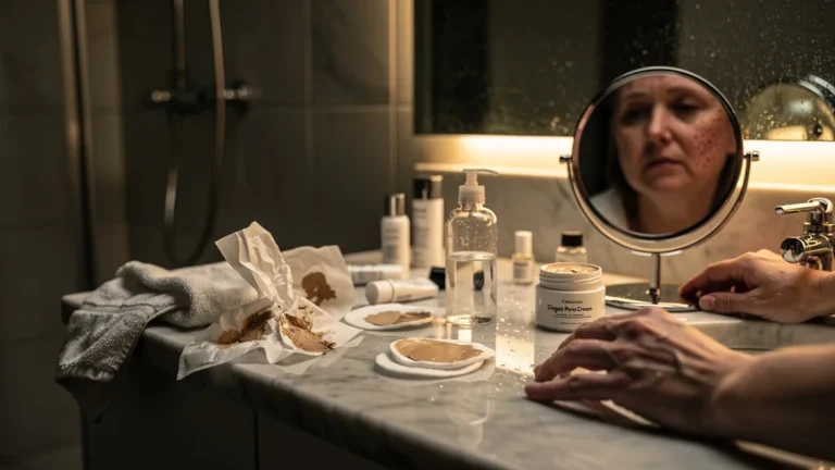 Photo réaliste d’un lavabo de salle de bain avec produits de démaquillage négligés et peau bouchée visible