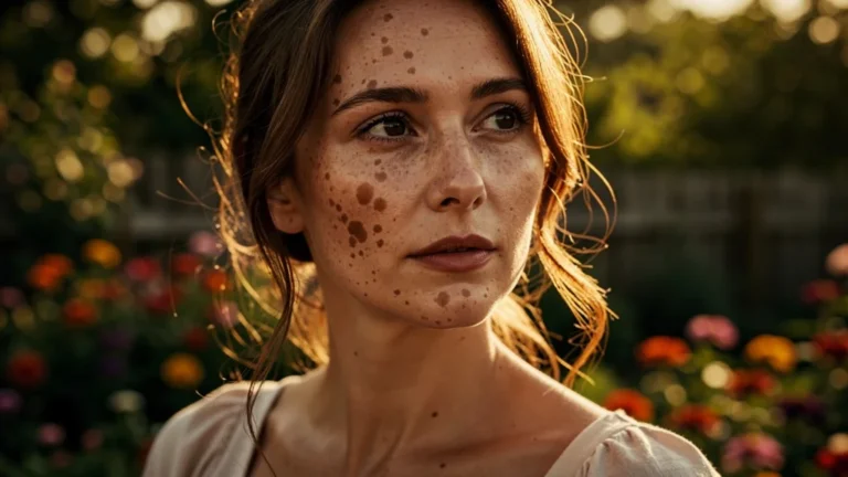 Femme de 38 ans avec taches de soleil marquées après un été sans crème solaire, portrait hyper-réaliste
