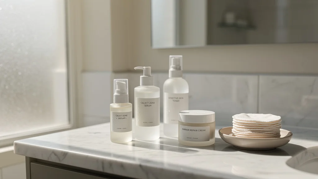 Minimalisme cosmétique apaisant les rougeurs de la zone T avec produits de soin épurés