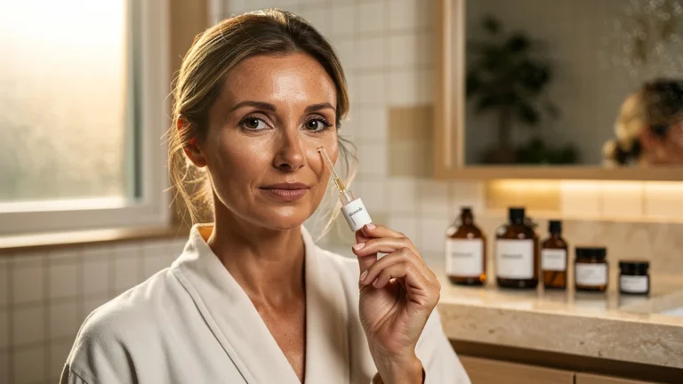 Femme 38 ans avec peau mixte lumineuse appliquant un actif unique dans une routine beauté apaisante