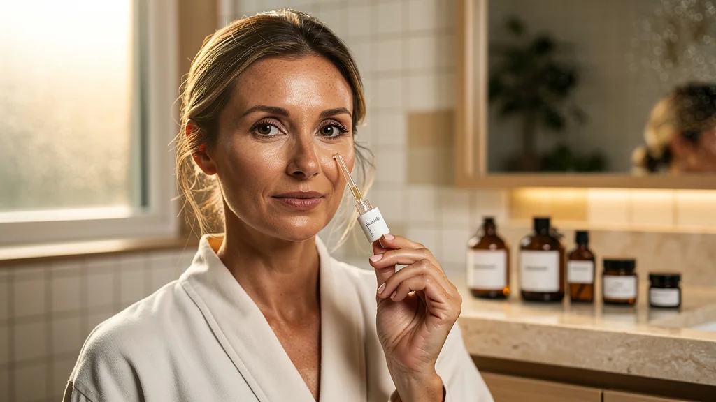 Femme 38 ans avec peau mixte lumineuse appliquant un actif unique dans une routine beauté apaisante
