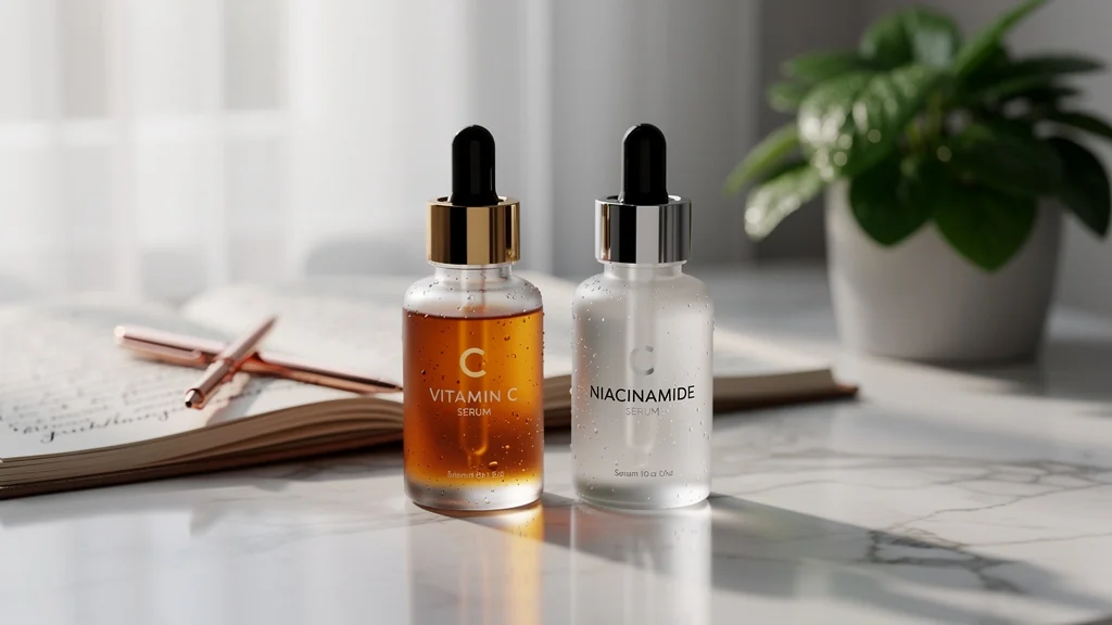 Bouteilles de sérum vitamine C et niacinamide sur un comptoir en marbre illuminé pour un teint terne
