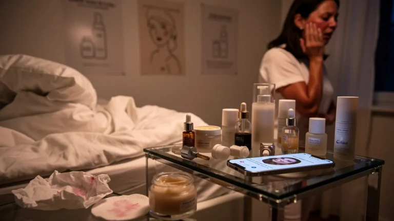 Femme avec peau brûlée après superposition excessive d'actifs, reflet d'une nuit de soin raté