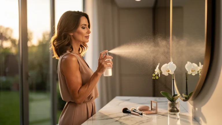 Femme de 38 ans utilisant un brumisateur thermal pour fixer son maquillage toute la journée